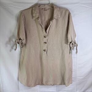 Philosophy Shirt Women's Size L 55% Linen Beige Short Sleeves with ties‎ Boho